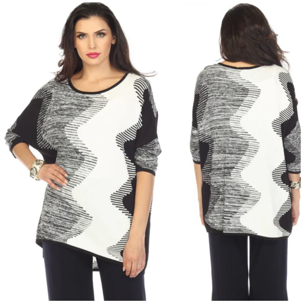 Joseph Ribkoff Color Block 3/4 Sleeve Sweater Top Black White XL